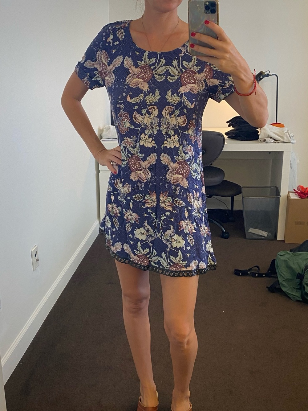 Jaase blue floral mini dress with pleather trim and short sleeves. Size: XS